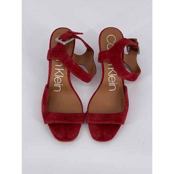 CALVIN KLEIN Women's Red Faux-Suede Open Toe Block-Heel Ankle Strap Sandals SZ 7 - Picture 1 of 9